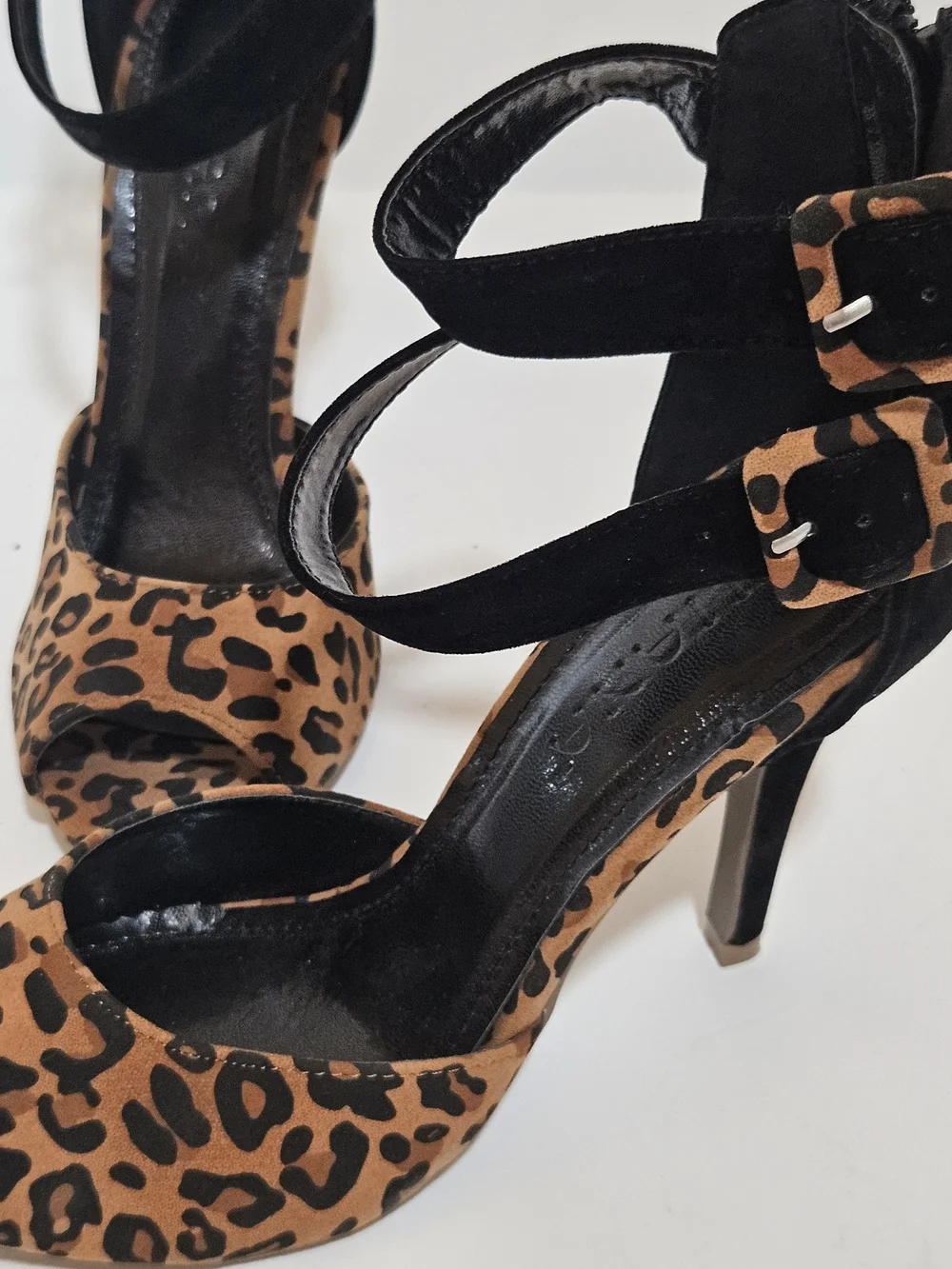 LILIANA Leopard & Black Buckle Ankle Strap Peep-Toe Stiletto Heels (Size 7.5)